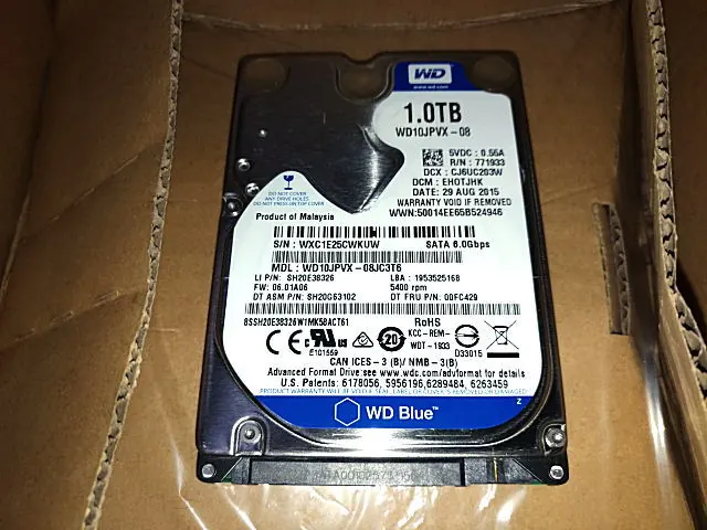 お預かりした WESTERN DIGITAL WD10JPVX(1.0TB) の実機